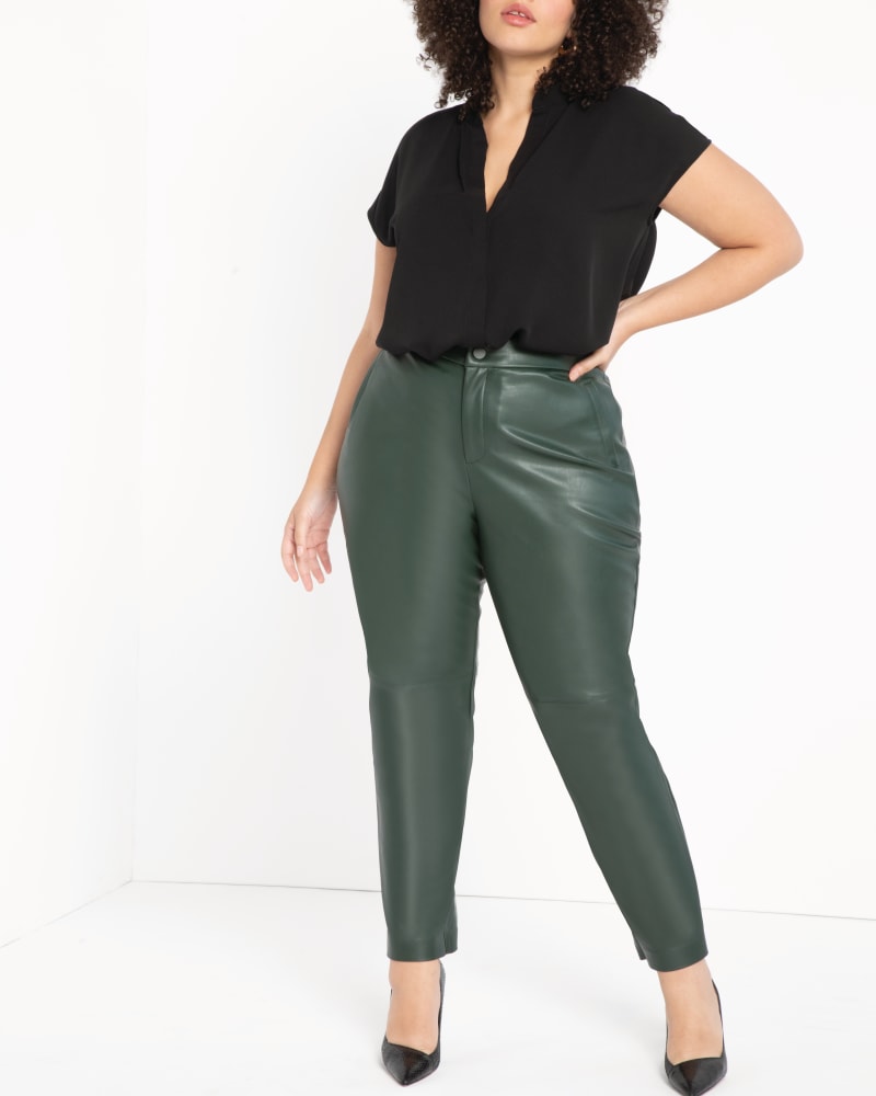 Front of a model wearing a size 14 Nola Notch Collar Blouse in Black by ELOQUII. | dia_product_style_image_id:196133